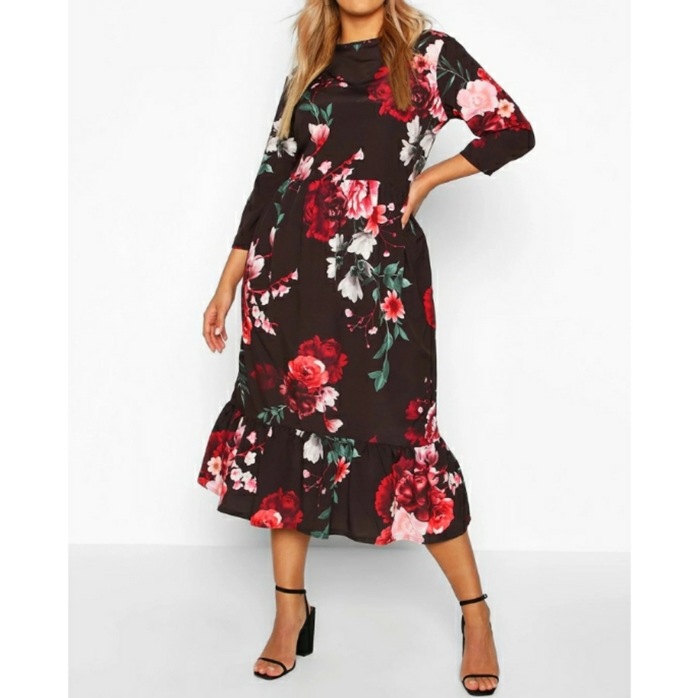 Boohoo- Floral Ruffle Hem Midi Dress